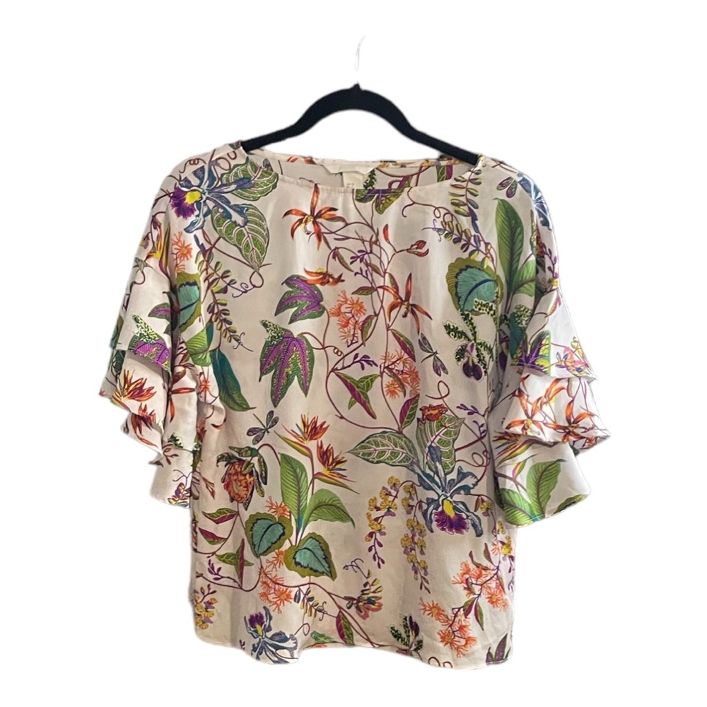 H&M Floral Tropical Patterned Blouse Ruffle Sleeve Multicoloured Womens Size 2
